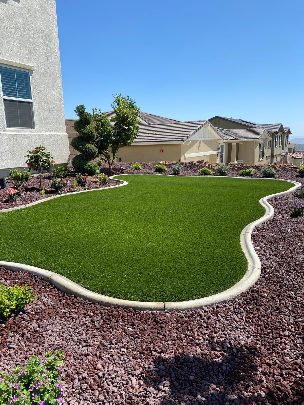 Curved turf lawn bordered by concrete curb and dark lava rock