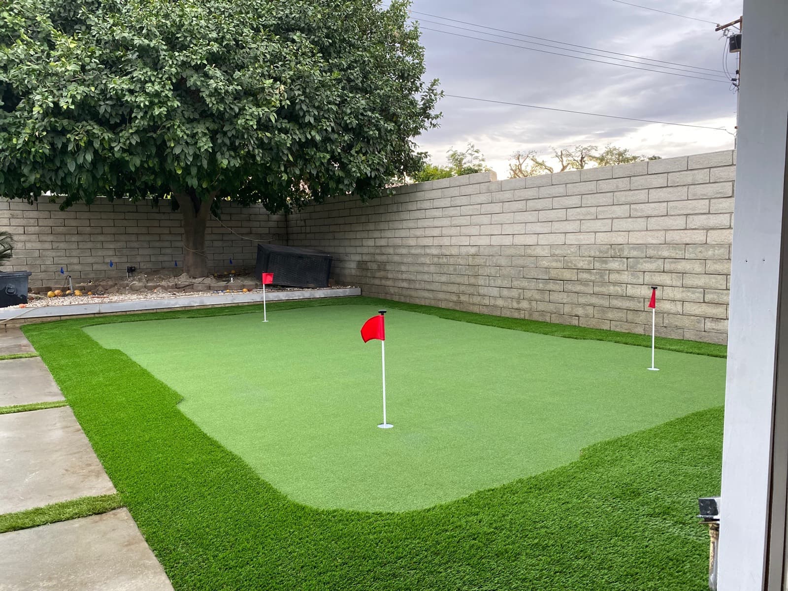 Rectangular putting green with red flags and longer turf around the edges