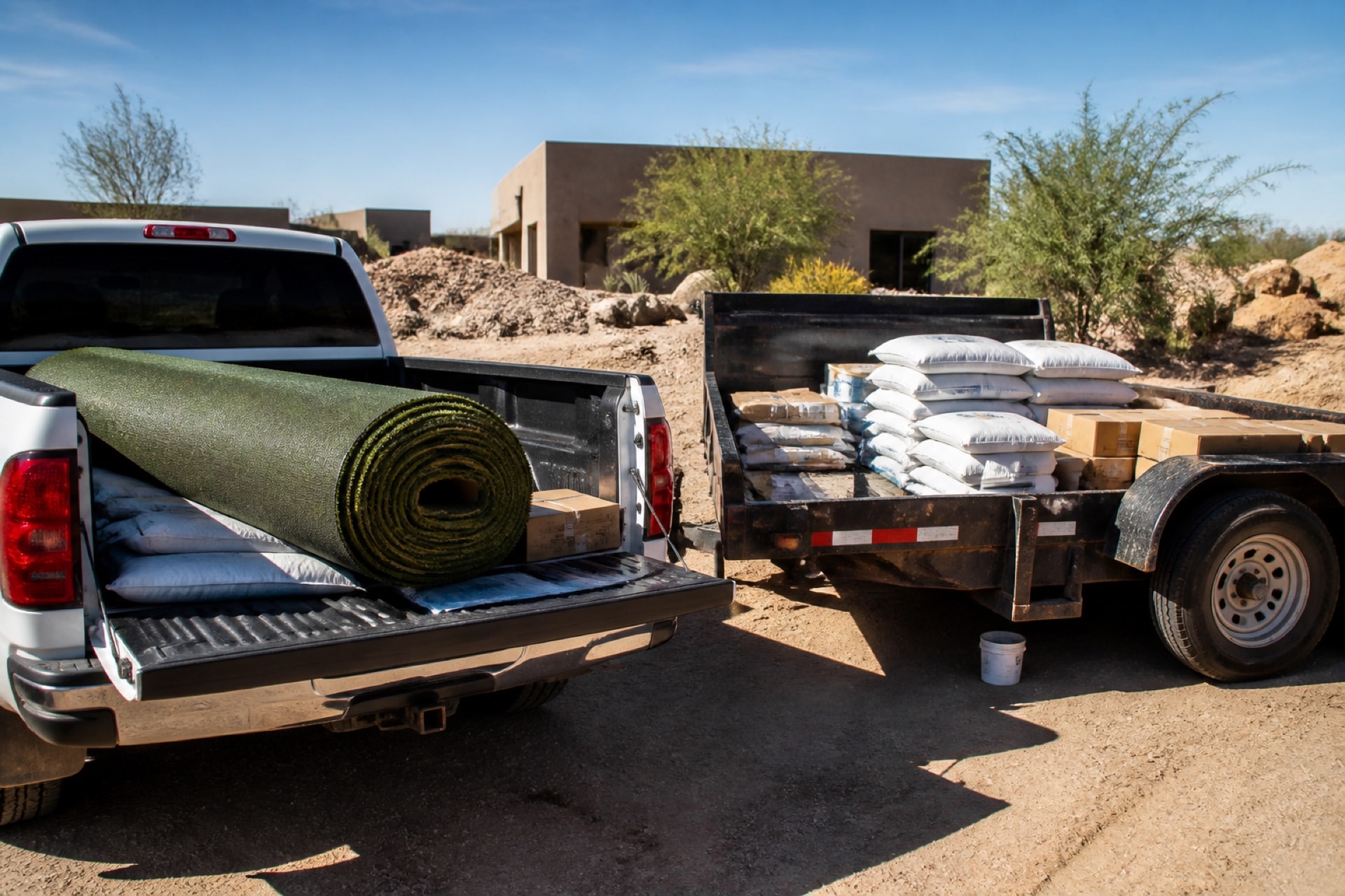 Turf roll and infill staged on a jobsite trailer