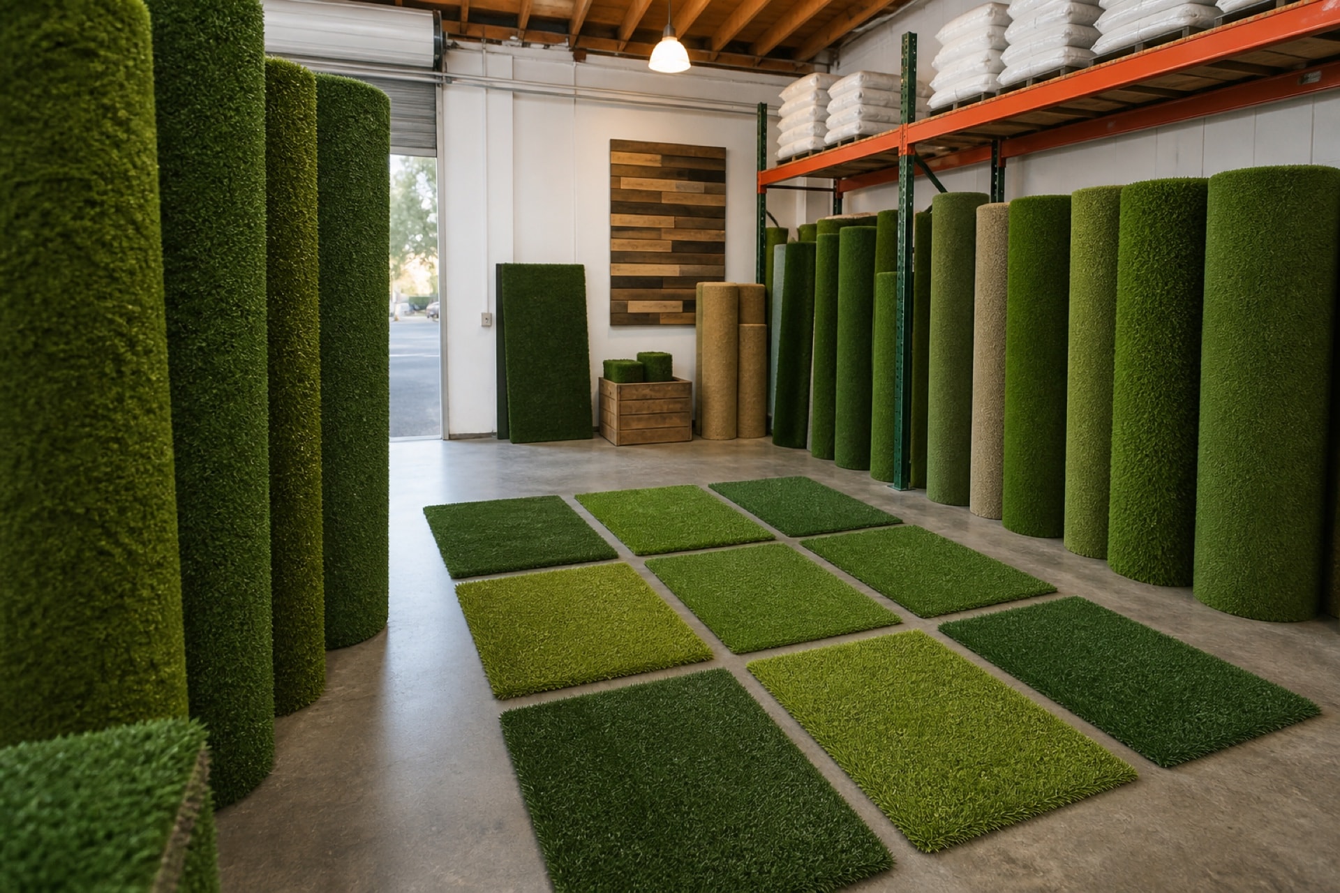 Turf rolls and sample squares in a supply showroom