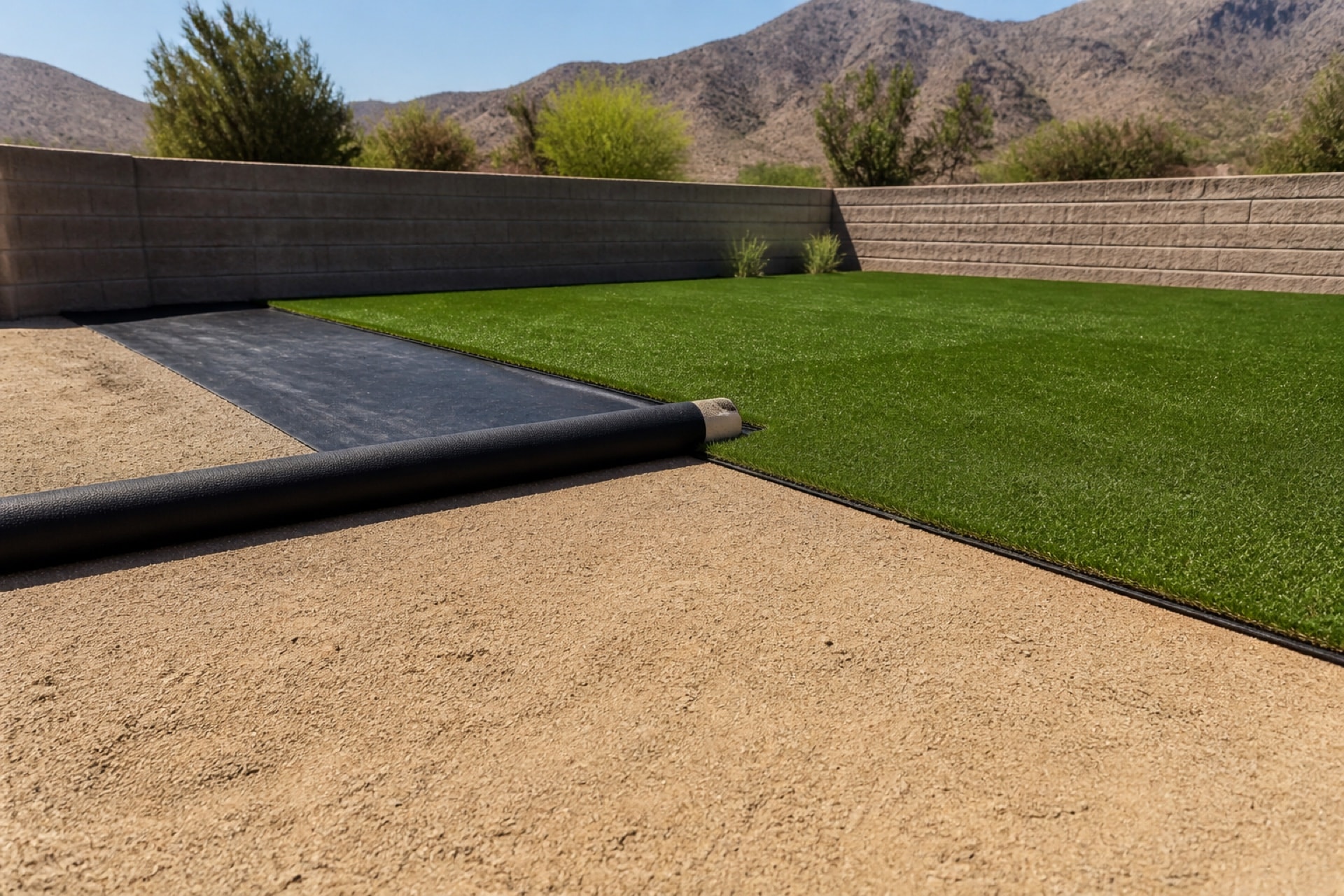 Artificial turf being unrolled over a prepared base