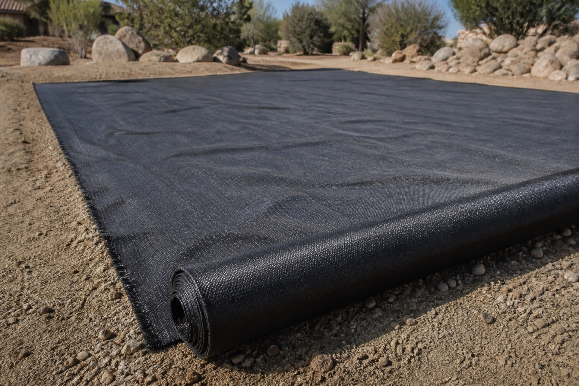 Landscape fabric unrolled over a prepared base